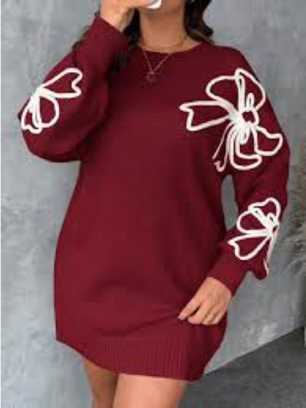 Red Cowlneck Sweater Dress with White Floral Appliqués